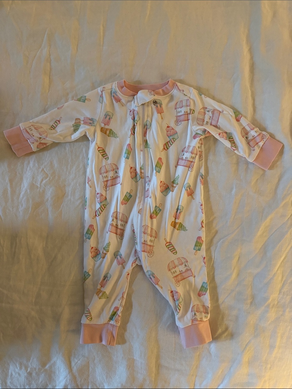 White and Pink Ice Cream Print Baby Footie Romper